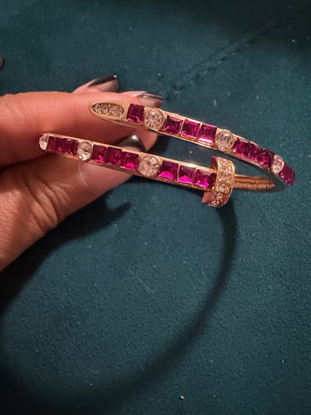 Fuchsia Crystal Hinged Bangle With Gold Bracelet